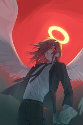  1boy angel angel_devil_(chainsaw_man) angel_wings arm_at_side belt belted_pants black_jacket black_necktie black_pants black_suit brown_belt chainsaw_man cowboy_shot floating_hair foreshortening from_below glowing glowing_eye glowing_halo hair_over_one_eye halo highres hpop_3 jacket korean_commentary lapels long_hair long_sleeves looking_at_viewer looking_down male_focus necktie notched_lapels open_clothes open_jacket orange_hair overlighting pants parted_lips reaching reaching_towards_viewer red_background red_eyes red_sky shirt sidelocks sitting sky solo spread_wings standing suit suit_jacket sway_back trap two-tone_background white_shirt white_wings wind wing_collar wings yellow_halo 