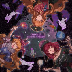  3girls american_flag american_flag_print animal arm_up bare_arms black_dress black_hat black_shirt blue_jumpsuit chain clothes_writing clownpiece collarbone commentary copyright_name crescent_print dalachi_(headdress) dot_nose dress earth_(ornament) eyelashes fire flag_print floating_hair floral_print gold_chain hand_on_own_hip happy hat heart heart_print hecatia_lapislazuli highres holding holding_torch jester_cap jumpsuit junko_(touhou) legacy_of_lunatic_kingdom long_hair looking_at_viewer medium_hair moon moon_(ornament) multicolored_jumpsuit multiple_girls neck_ribbon neck_ruff off-shoulder_shirt off_shoulder open_mouth orange_hair pink_eyes pleated_sleeves polka_dot_headwear pom_pom_(clothes) print_headwear print_jumpsuit print_shirt print_tabard purple_hat purple_wings rabbit red_eyes red_hair red_jumpsuit red_tabard ribbon rocket shirt short_sleeves smile space split-color_clothes star_(symbol) star_print striped_jumpsuit symbol-only_commentary t-shirt tabard tansuyuli torch touhou underworld_(ornament) upper_body upside-down variant_set very_long_hair wavy_hair white_jumpsuit wings yellow_ribbon 