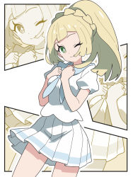 1girl blonde_hair bright_pupils commentary_request dress green_eyes highres kanbei_(pixiv11037490) lillie_(pokemon) looking_at_viewer medium_hair one_eye_closed pleated_skirt pokemon pokemon_sm ponytail shirt short_sleeves skirt smile solo standing thighs white_pupils white_shirt white_skirt zoom_layer 