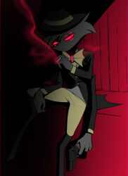  1boy absurdres against_wall arackniss black_coat black_hat bow bowtie brooch buttons chromatic_aberration cigarette clenched_teeth coat colored_sclera commentary_request extra_arms extra_eyes fedora fewer_digits film_grain full_body grey_fur gun hand_up hat hazbin_hotel hellaverse high_contrast highres holding holding_cigarette holding_gun holding_weapon jewelry long_sleeves looking_at_viewer male_focus menma_(enaic31) pants red_background red_eyes red_sclera signature simple_background sitting smoke solo spread_legs teeth traditional_bowtie v-shaped_eyebrows weapon white_bow white_bowtie white_pants 