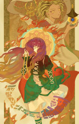  2girls absurdres bishamonten's_pagoda black_dress black_streaks blonde_hair cape closed_eyes commentary_request dress feet_out_of_frame fire flower glowing glowing_eyes gradient_hair hagoromo halo highres hijiri_byakuren holding_prayer_beads huameiyu index_finger_raised juliet_sleeves long_hair long_sleeves lotus multicolored_hair multiple_girls pillarboxed profile puffy_sleeves purple_hair red_cape shawl sorcerer's_sutra_scroll toramaru_shou touhou white_dress yellow_background yellow_eyes yellow_halo 