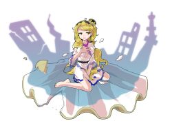  1girl alphes_(style) barefoot between_legs black_hairband blonde_hair blush breasts clam_shell_ornament collarbone commentary_request dairi defeat dress fossilized_wonders frilled_sleeves frills full_body hairband hand_between_legs hand_on_own_chest highres large_variant_set long_hair medium_breasts parody side_slit solo style_parody tachi-e torn_clothes touhou transparent_background variant_set very_long_hair watari_nina wavy_hair white_dress wide_sleeves 