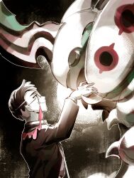  1boy antennae armor black_hair black_jacket bug centipede closed_eyes closed_mouth collared_shirt colored_skin corbeau_(pokemon) eyewear_strap from_side glasses highres horns jacket long_sleeves looking_at_another mega_pokemon mega_scolipede multicolored_skin mun7512 necktie open_clothes open_jacket parted_hair pokemon pokemon_(creature) pokemon_legends:_z-a purple_hair purple_shirt round_eyewear scolipede shirt short_hair short_sideburns smile undercut upper_body white_necktie 