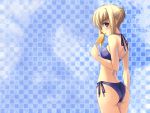 back bikini blonde_hair checkered fate/stay_night fate_(series) from_behind green_eyes hair_up highres looking_back missing_link popsicle saber shingo shingo_(missing_link) side-tie_bikini swimsuit two-piece_swimsuit wallpaper