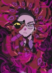  1boy :/ black_hair closed_mouth collared_shirt commentary_request corbeau_(pokemon) dot_nose dustbox1028 glasses highres looking_at_viewer male_focus parted_hair pokemon pokemon_(creature) pokemon_legends:_z-a purple_shirt round_eyewear scolipede shirt short_hair slit_pupils tassel yellow_eyes 