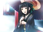  black_hair brown_eyes japanese_clothes oriental_umbrella ribbon simosi snow snowing solo tears umbrella wallpaper 