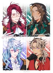  4boys absurdres anniversary antenna_hair argyle_background ascot beard_stubble black_gloves black_shirt blue_background blue_gemstone blue_hair blush bow bowtie braid brown_hair cleavage_cutout clothing_cutout coat collared_shirt crimzon_ruze curtained_hair dark-skinned_male dark_skin diamond-shaped_brooch english_text epaulettes facial_hair fang frilled_shirt frills fur-trimmed_coat fur_trim gem glasses gloves goldbullet green_background green_bow green_bowtie green_gemstone grey_background grin highres hiimtae_sb holoarmis holostars holostars_english jurard_t_rexford lapels light_blush long_hair low_ponytail male_focus multicolored_hair multiple_boys notched_lapels octavio one_eye_closed open_mouth outline pectoral_cleavage pectorals pink_eyes pointy_ears ponytail portrait red_background red_bow red_bowtie red_eyes red_gemstone red_hair red_vest shawl_lapels shirt side_braid smile sparkle sparkle_background stubble two-tone_hair vest violet_eyes virtual_youtuber white_ascot white_gloves white_outline white_shirt yellow_eyes 