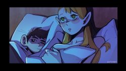  1boy 1girl aatom87 artist_name bare_shoulders bed black_border black_eyes blanket blonde_hair blush_stickers border brown_hair chilchuck_tims collarbone commentary dungeon_meshi english_commentary green_eyes holding holding_pillow marcille_donato one_eye_closed pillow under_covers 