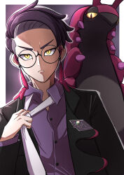  1boy absurdres adjusting_clothes adjusting_necktie antennae black-framed_eyewear black_hair black_jacket bug centipede closed_mouth collared_shirt colored_sclera corbeau_(pokemon) eyewear_strap glasses highres horns jacket long_sleeves looking_at_viewer mega_stone necktie open_clothes open_jacket parted_hair pokemon pokemon_(creature) pokemon_legends:_z-a purple_hair purple_shirt rono_(lethys) round_eyewear scolipede shirt short_hair short_sideburns undercut upper_body white_necktie yellow_eyes yellow_sclera 
