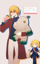  1boy 1other bag black_shirt blonde_hair blue_coat blue_jacket blue_pants brown_eyes closed_eyes closed_mouth coat crepe dr._stone drill_hair feet_out_of_frame food francois_(dr._stone) french_flag grey_background hair_between_eyes highres hippopotamus holding holding_food holding_stuffed_toy jacket long_sleeves male_focus nanami_ryuusui pants ponytail pxbyz6ynhc83433 red_coat shirt short_hair simple_background smile stuffed_animal stuffed_toy tongue tongue_out 