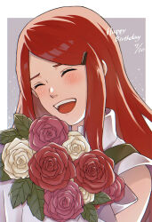  1girl blush bouquet closed_eyes dated flower hair_ornament hairclip happy happy_birthday highres holding holding_bouquet naruto_(series) naruto_shippuuden open_mouth red_hair rose solo teeth upper_body upper_teeth_only uzumaki_kushina zenaosawa 