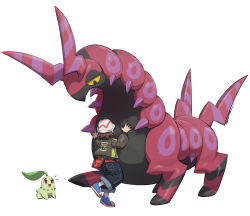  1boy black_pants brown_hair brown_jacket chikorita fedora hat highres hug jacket makoto_ikemu pants paxton_(pokemon) pokemon pokemon_(creature) pokemon_legends:_z-a scolipede simple_background white_background white_hat 