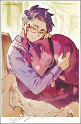  1boy black_pants closed_eyes closed_mouth collared_shirt commentary corbeau_(pokemon) glasses highres holding holding_pokemon kouta_(pixiv14981568) long_sleeves male_focus pants parted_hair pokemon pokemon_(creature) pokemon_legends:_z-a purple_hair purple_shirt round_eyewear scolipede shirt short_hair sitting smile solo_focus symbol-only_commentary tassel twitter_username yellow_eyes 