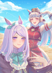  2girls absurdres animal_ears aqua_bow aqua_bowtie aqua_ribbon armband beach black_jacket blue_sky blunt_bangs blush bow bowtie breasts brown_hat closed_mouth clouds coat dress ear_bow ear_ribbon elwenz frilled_coat frilled_jacket frills gloves gold_ship_(red_strife)_(umamusume) gold_ship_(umamusume) grey_hair hat highres horse_ears horse_girl horse_tail jacket long_hair long_sleeves looking_at_viewer medium_breasts mejiro_mcqueen_(frontline_elegance)_(umamusume) mejiro_mcqueen_(umamusume) multiple_girls open_mouth outdoors pantyhose pillbox_hat purple_bow purple_hair red_dress ribbon sand sky sleeveless sleeveless_dress smile striped_armband striped_clothes tail umamusume violet_eyes water white_gloves white_pantyhose 