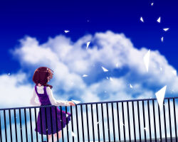  1girl against_railing balcony brown_hair clouds collared_shirt day from_behind furahata_gen hair_ribbon hand_on_railing highres leaning_back long_sleeves medium_hair purple_shirt purple_skirt railing red_ribbon ribbon shards shirt skirt sky sleeve_cuffs solo standing touhou twintails usami_sumireko white_shirt 