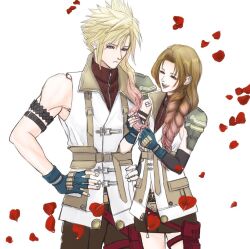  1boy 1girl aerith_gainsborough aerith_gainsborough_(guardian_corps_uniform) alternate_costume aqua_eyes armband black_armband blonde_hair brown_hair brown_pants brown_skirt brown_sweater cloud_strife cosplay earrings elbow_gloves falling_petals final_fantasy final_fantasy_vii final_fantasy_vii:_ever_crisis fingerless_gloves frown gloves hair_between_eyes hair_over_shoulder hand_in_another's_hair hands_in_another's_hair hands_on_own_hips jewelry lightning_farron lightning_farron_(cosplay) long_hair official_alternate_costume open_mouth pants parted_bangs petals pouch red_petals short_hair_with_long_locks single_bare_shoulder single_elbow_glove single_shoulder_pad skirt sleeveless sleeveless_turtleneck smile spiky_hair sweater thigh_pouch turtleneck veil white_background white_veil ws_alte 