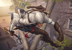  3boys arrow_(projectile) artist_name assassin's_creed_(series) assassin's_creed_iii axe boots bow_(weapon) brick_wall brown_boots brown_gloves building clenched_hands coat commentary connor_kenway corpse english_commentary fingerless_gloves gloves hat holding holding_axe holding_weapon hood jumping leaf logo multiple_boys non-web_source outdoors patrick_brown quiver red_coat tomahawk town tree tricorne watermark weapon weapon_on_back window 