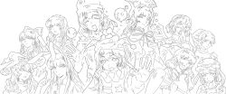  6+girls animal_ears bow closed_mouth clownpiece collared_shirt commentary covering_own_mouth dalachi_(headdress) doremy_sweet expressionless floppy_ears frown hair_bow hair_tubes hakurei_reimu hammer happy hat hecatia_lapislazuli highres holding holding_hammer jester_cap junko_(touhou) kirisame_marisa kishin_sagume kochiya_sanae large_bow legacy_of_lunatic_kingdom lineart multiple_girls nightcap open_mouth planet ponytail rabbit_ears rabbit_girl reisen_udongein_inaba ringo_(touhou) seiran_(touhou) shirt simple_background smile tabard tansuyuli touhou upper_body white_background 