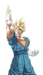  1boy arm_up blonde_hair blue_pants blue_sash blue_shirt cowboy_shot dougi dragon_ball dragon_ball_z earrings gloves green_eyes hashtag-only_commentary highres jewelry male_focus medium_hair muscular muscular_male no10hei30 pants potara_earrings sash shirt simple_background smirk solo spiky_hair super_saiyan super_saiyan_1 vegetto white_background white_gloves 
