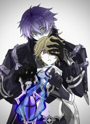  2boys aether_(genshin_impact) ahoge arm_armor armor belt black_belt black_gloves black_pants black_shirt blonde_hair blue_fire braid brown_eyes commentary_request covered_mouth earrings empty_eyes eyeshadow fire flins_(genshin_impact) genshin_impact gloves gradient_hair hair_between_eyes hand_on_another's_face hand_up hands_up highres holding holding_lantern jacket jewelry lantern long_hair looking_at_viewer low-braided_long_hair low-tied_long_hair makeup male_focus midriff multicolored_hair multiple_boys navel nogu_gesoshiso open_clothes open_jacket pants purple_eyeshadow purple_hair purple_jacket scarf shirt short_sleeves shoulder_armor simple_background single_braid single_earring standing star_(symbol) teeth white_background white_hair white_scarf yellow_eyes 