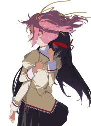  2girls akemi_homura drill_hair hair_ribbon hairband highres juliet_sleeves kaname_madoka lace-trimmed_shirt lace_trim long_sleeves mahou_shoujo_madoka_magica mitakihara_school_uniform multiple_girls pink_hair plaid_clothes plaid_skirt puffy_sleeves ribbon school_uniform shirt skirt traffic_(ntraffic1) twin_drills twintails 