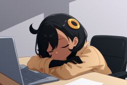  1girl black_hair brown_jacket chair closed_eyes computer desk emma_(pokemon) highres jacket laptop office_chair pokemon pokemon_legends:_z-a short_hair sleeping sleeping_on_desk sleeping_upright solo su1zide swivel_chair 
