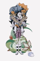  2boys belt black_hair blue_hoodie blue_shorts bracelet claws closed_mouth dark-skinned_male dark_skin earrings flygon frown hashtag-only_commentary headband highres hood hood_down hoodie jewelry long_hair long_sleeves male_focus molymes multicolored_hair multiple_boys orange_headband piercing piers_(pokemon) pokemon pokemon_(creature) pokemon_swsh raihan_(pokemon) red_eyes scared shoes short_hair shorts simple_background snom standing stud_earrings white_background white_belt white_hair wide-eyed 