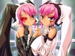  apocalypse_-deus_ex_machina- holding_hands kantaka pink_hair siblings twins wink yellow_eyes 