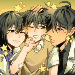  1girl 2boys :3 ;d ahoge areuwuu bandage_on_face bandages bandaid bandaid_on_arm black_eyes black_hair black_necktie black_shirt coat collared_shirt double-parted_bangs hair_between_eyes han_sooyoung hand_on_another's_head hand_up highres hood hood_down hoodie kim_dokja looking_at_another multiple_boys necktie oldest_dream omniscient_reader's_viewpoint one_eye_closed portrait purple_hoodie scar scar_across_eye scar_on_face secretive_plotter shirt short_hair smile star_(symbol) vest white_coat yellow_vest yoo_joonghyuk 