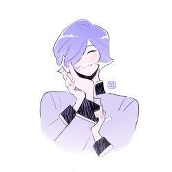  2boys ^_^ artist_name aukives bad_id bad_pixiv_id blush char_aznable closed_eyes commentary garma_zabi grin gundam hair_over_one_eye hand_on_another's_cheek hand_on_another's_face happy long_sleeves male_focus mobile_suit_gundam_the_origin multiple_boys pov pov_hands purple_hair purple_theme short_hair simple_background smile tearing_up upper_body white_background 