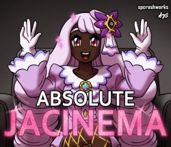  1girl absolute_cinema_(meme) armchair ascot breasts chair collarbone crossed_legs dark-skinned_female dark_skin dress english_text fascinator fishnet_pantyhose fishnets frilled_ascot frills gloves gold_ring hair_ornament hands_up jacinthe_(pokemon) juliet_sleeves long_hair long_sleeves looking_at_viewer low_drills medium_breasts mega_stone meme on_chair open_mouth pantyhose pokemon pokemon_legends:_z-a puffy_sleeves purple_dress purple_hair sitting smile solo sparkle spcrashworks teeth upper_teeth_only very_dark_skin violet_eyes white_gloves 