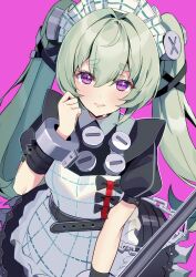  1girl absurdres apron black_dress chain commentary corin_wickes cuffs dress green_hair hair_between_eyes hand_up highres holding long_hair looking_at_viewer maid maid_apron maid_headdress nakano_kura puffy_short_sleeves puffy_sleeves purple_background screw_hair_ornament short_sleeves simple_background solo tearing_up twintails violet_eyes zenless_zone_zero 