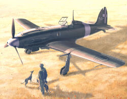  1boy aircraft airplane arms_behind_back commentary_request dog gloves highres holding holding_unworn_clothes italian_air_force military military_vehicle open_cockpit original propeller propeller_fighter reggiane_re.2005 roundel same_(carcharodon) unworn_gloves vehicle_focus world_war_ii 