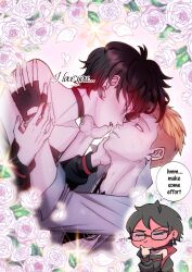  1boy 1girl balcony black_choker black_jacket black_tube_top blonde_hair blush boruto:_two_blue_vortex choker commentary corrupted_twitter_file earrings english_commentary english_text facial_mark fingerless_gloves flower full-face_blush glasses gloves grey_jacket hand_on_own_chin hetero highres imagining imminent_kiss jacket jewelry naruto_(series) no_eyewear parted_lips pink_flower pink_rose rose rozan_arts short_hair single_fingerless_glove strapless sweat thinking tube_top uchiha_sarada undercut uzumaki_boruto whisker_markings 