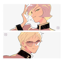  2boys artist_name aukives bad_id bad_pixiv_id blonde_hair border char_aznable closed_mouth garma_zabi grey_background grin gundam hand_up head_tilt looking_at_viewer male_focus mobile_suit_gundam_the_origin multiple_boys portrait purple_hair short_hair simple_background smile sunglasses white_border 