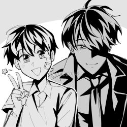  2boys :d ahoge areuwuu bandage_on_face bandages bandaid bandaid_on_face coat collared_shirt dual_persona greyscale hand_up highres kim_dokja looking_at_viewer male_focus monochrome multiple_boys necktie oldest_dream omniscient_reader's_viewpoint open_clothes open_coat partially_shaded_face shirt short_hair smile sparkling_eyes v 