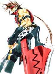  1boy absurdres arm_strap black_gloves brown_hair commentary_request cropped_legs fingerless_gloves fireseal from_below from_side gloves guilty_gear headband highres leaning_on_weapon long_hair low_ponytail male_focus muscular muscular_male pants ponytail red_headband red_shirt shirt simple_background sleeveless sleeveless_shirt sol_badguy solo spiky_hair storyteller777 sword weapon white_background white_pants 