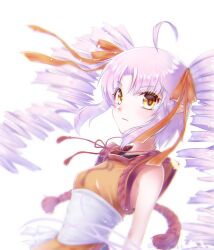  1girl ahoge blurry_edges closed_mouth commission dress drill_hair dutch_angle floating_hair hair_ribbon highres long_hair no_mask onikko_hunter_tsuina-chan orange_dress orange_eyes orange_ribbon parted_bangs pink_hair pointy_ears ribbon sash sidelocks simple_background skeb_commission sleeveless sleeveless_dress solo tsuina-chan twin_drills upper_body very_long_hair voiceroid white_background white_sash yomiwata2 