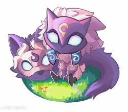  1girl absurdres animal_ears blue_eyes body_fur breasts furry furry_female gabyguu grass grey_fur highres horns kindred_(league_of_legends) lamb_(league_of_legends) league_of_legends long_hair looking_at_viewer mask simple_background sitting smile white_background wolf_(league_of_legends) 