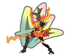  1boy absurdres black_hair bodysuit brown_eyes cosplay emboar fire gloves highres holding holding_weapon impossible_bodysuit impossible_clothes impossible_leotard leotard looking_at_viewer mega_emboar partially_fingerless_gloves paxton_(pokemon) pokemon raida_(fmuc5473) skin_tight smile solo weapon 