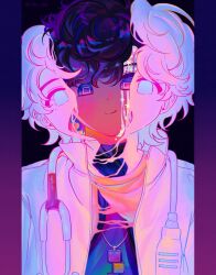  2boys black_background black_hair border gradient_border highres houjou_emu jewelry kamen_rider kamen_rider_ex-aid_(series) looking_at_viewer male_focus max_(2n4_6h8) melting multiple_boys necklace parad pink_border purple_border short_hair smile square_pupils stethoscope stethoscope_around_neck tokusatsu violet_eyes 