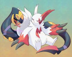  black_eyes claws colored_sclera english_commentary fangs forked_tongue full_body highres looking_at_another pokemon pokemon_(creature) pokemon_focus red_sclera seviper sitting tabbz tongue tongue_out twitter_username white_fur zangoose 