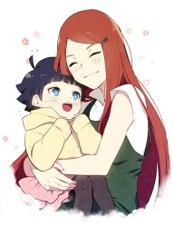  2girls :d black_hair blue_eyes blush boruto:_naruto_next_generations closed_eyes closed_mouth dress facial_mark grandmother_and_granddaughter hair_ornament hairclip holding hug jacket long_hair long_sleeves multiple_girls naruto_(series) naruto_shippuuden nipye open_mouth pink_skirt red_hair short_hair skirt smile teeth upper_teeth_only uzumaki_himawari uzumaki_kushina very_long_hair whisker_markings yellow_jacket 