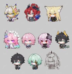  4boys 6+girls anaxa_(honkai:_star_rail) animal_ears aqua_hair arknights black_hair blue_eyes blue_hair brother_and_sister castorice_(honkai:_star_rail) chibi chibi_only commentary cyrene_(honkai:_star_rail) cyrene_(ripples_of_past_reverie)_(honkai:_star_rail) dan_heng_(honkai:_star_rail) dan_heng_(hunt)_(honkai:_star_rail) dan_heng_(permansor_terrae)_(honkai:_star_rail) dragon_boy dragon_girl dragon_horns dress dual_persona eastern_dragon_horns english_commentary evernight_(honkai:_star_rail) eyepatch flower fox_ears fox_girl gradient_hair green_hair grey_background hair_flower hair_ornament honkai:_star_rail honkai_(series) horns long_hair march_7th_(honkai:_star_rail) march_7th_(preservation)_(honkai:_star_rail) multicolored_eyes multicolored_hair multiple_boys multiple_girls orange_eyes pink_hair pointy_ears ponytail red_eyes red_hair short_hair shu_(arknights) siblings simple_background sy509 two-tone_eyes two-tone_hair very_long_hair vulpisfoglia_(arknights) white_dress yu_(arknights) 