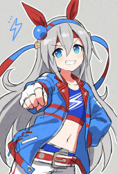  1girl animal_ears belt blue_eyes blue_hairband blue_jacket blue_sports_bra blush collarbone crop_top ear_covers ear_ornament fang fingerless_gloves fist_bump gloves grey_hair hair_between_eyes hairband headband horse_ears horse_girl horse_tail jacket lightning_bolt_print lightning_bolt_symbol long_hair long_sleeves mauve midriff navel open_mouth pants red_belt red_headband smile solo sports_bra striped_clothes striped_hairband tail tamamo_cross_(umamusume) tamamo_cross_(with_lightning_speed)_(umamusume) teeth umamusume very_long_hair white_gloves white_pants 