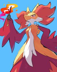  absurdres blue_background delphox ear_flower fire highres holding holding_stick komanychi multicolored_fur orange_eyes pokemon pokemon_(creature) red_fur simple_background solo stick white_fur yellow_fur 