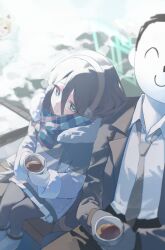  1boy 2girls absurdres alternate_color aris_(blue_archive) aris_(winter)_(blue_archive) black_hair black_jacket black_necktie black_pants black_pantyhose blue_archive blue_halo blue_scarf boots closed_mouth coat coffee collared_shirt cup disposable_cup doodle_sensei_(blue_archive) earmuffs fur-trimmed_coat fur-trimmed_sleeves fur_trim grey_coat hair_between_eyes halo hashtag-only_commentary head_on_another's_shoulder highres holding holding_cup jacket long_sleeves looking_at_another looking_to_the_side momoi_(blue_archive) multiple_girls necktie open_clothes open_jacket outdoors pants pantyhose plaid_clothes plaid_scarf pleated_skirt rectangular_halo scarf sensei_(blue_archive) shihnji282 shirt sitting skirt smile snow snowball white_boots white_shirt white_skirt winter 