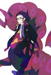  1boy antennae black-framed_eyewear black_hair black_jacket black_pants black_socks bug centipede closed_mouth collared_shirt colored_sclera corbeau_(pokemon) eyewear_strap glasses hands_in_pockets highres jacket kokodari long_sleeves looking_at_viewer mega_stone necktie open_clothes open_jacket pants parted_hair pokemon pokemon_(creature) pokemon_legends:_z-a purple_hair purple_shirt round_eyewear scolipede shirt shoes short_hair short_sideburns simple_background socks undercut white_background white_necktie yellow_eyes yellow_sclera 