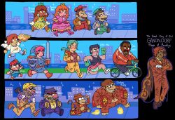  2others 3girls 4girls 6+boys :d absurdres angel_wings arm_cannon backpack backwards_hat bag bandana barrel baseball_bat baseball_cap basketball_uniform beanie beard bicycle big_nose black_hair blue_hair blue_overalls blue_tank_top blush boots boxing_gloves brass_knuckles brown_bag brown_hair buck_teeth building cane cape castle city cityscape clenched_hands closed_eyes closed_mouth clown coat cosplay crossed_arms crossover crown dark-skinned_female dark-skinned_male dark_skin diddy_kong doc_louis donkey_kong donkey_kong_(series) dress earrings english_text facial_hair fingerless_gloves fire flower_earrings flying food formal_clothes freckles ganon glasses gloves green_gloves green_hair green_tunic hammer happy hard_hat hat helmet highres holding holding_barrel holding_baseball_bat holding_cane holding_food holding_map holding_pizza holding_shield holding_sword holding_weapon holding_whip humanization jacket jewelry jogging jumpsuit kid_icarus lava left-handed link little_mac long_hair long_nose long_sleeves luigi map mario master_sword metroid mini_crown mother_(series) mother_2 multiple_boys multiple_crossover multiple_girls multiple_others mustache necktie ness_(mother_2) new_york_city nintendo open_clothes open_mouth orange_hair otrebot overalls pants pink_dress pink_hair pit_(kid_icarus) pizza pizza_box pointy_ears pointy_nose ponytail princess_daisy princess_peach punch-out!! purple_shirt pyrokinesis racket raincoat red_eyes red_gloves red_hair red_jacket red_suit riding riding_bicycle running samus_aran sharp_teeth shield shirt shoes short_hair short_sleeves shorts shoulder_bag skateboard skyscraper smile sneakers sparkle spiked_shell sportswear suit sunglasses super_crown super_mario_bros. suspenders sweatpants sword tank_top teeth tennis_racket the_legend_of_zelda thick_eyebrows thick_lips top_hat torch triforce tunic v-shaped_eyebrows walking waluigi wario weapon white_gloves wings yellow_dress 