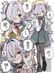  1boy 1girl :d bags_under_eyes black_dress black_eyes black_pantyhose black_shoes blue_archive blush bright_pupils brown_eyes buttons choker clenched_hands collared_shirt commentary diagonal-striped_ribbon double-breasted dress evil_smile excited eyeball_hair_ornament full_body hair_bobbles hair_intakes hair_ornament hair_over_one_eye halo heart heart-shaped_pupils heart_background highres holding holding_another's_wrist jewelry kanoe_(blue_archive) layered_clothes layered_sleeves long_hair long_sleeves messy_hair mojyo multicolored_eyes multiple_views neck_ribbon necktie oomori_(kswmr) open_mouth orange_halo own_hands_together pantyhose pinafore_dress portrait puffy_sleeves red_choker ribbon ring school_uniform sensei_(blue_archive) shirt shoes simple_background sleeveless sleeveless_dress smile sound_effects speech_bubble spiky_hair sweatdrop symbol-shaped_pupils talking translation_request two-tone_eyes two_side_up upper_body very_long_hair wavy_mouth white_background white_pupils white_shirt white_sleeves 